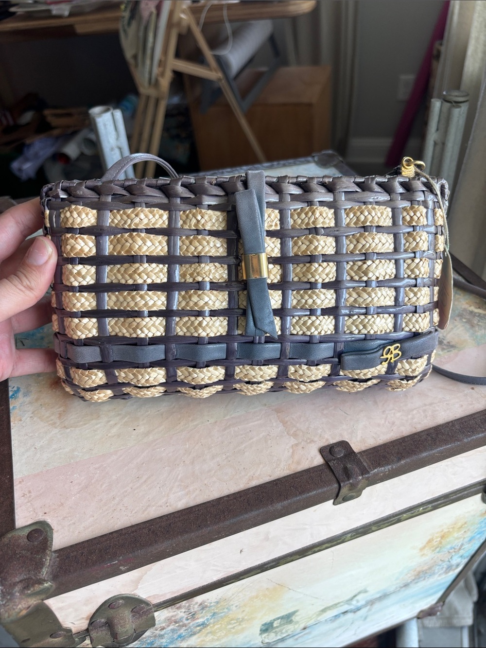 Woven Straw Crossbody Bag with Gray Trim and Gold Accent - 100% Made in Italy